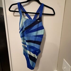 Nike One Piece Swimsuit Size 10 Blue Striped Athletic Racerback Swimwear